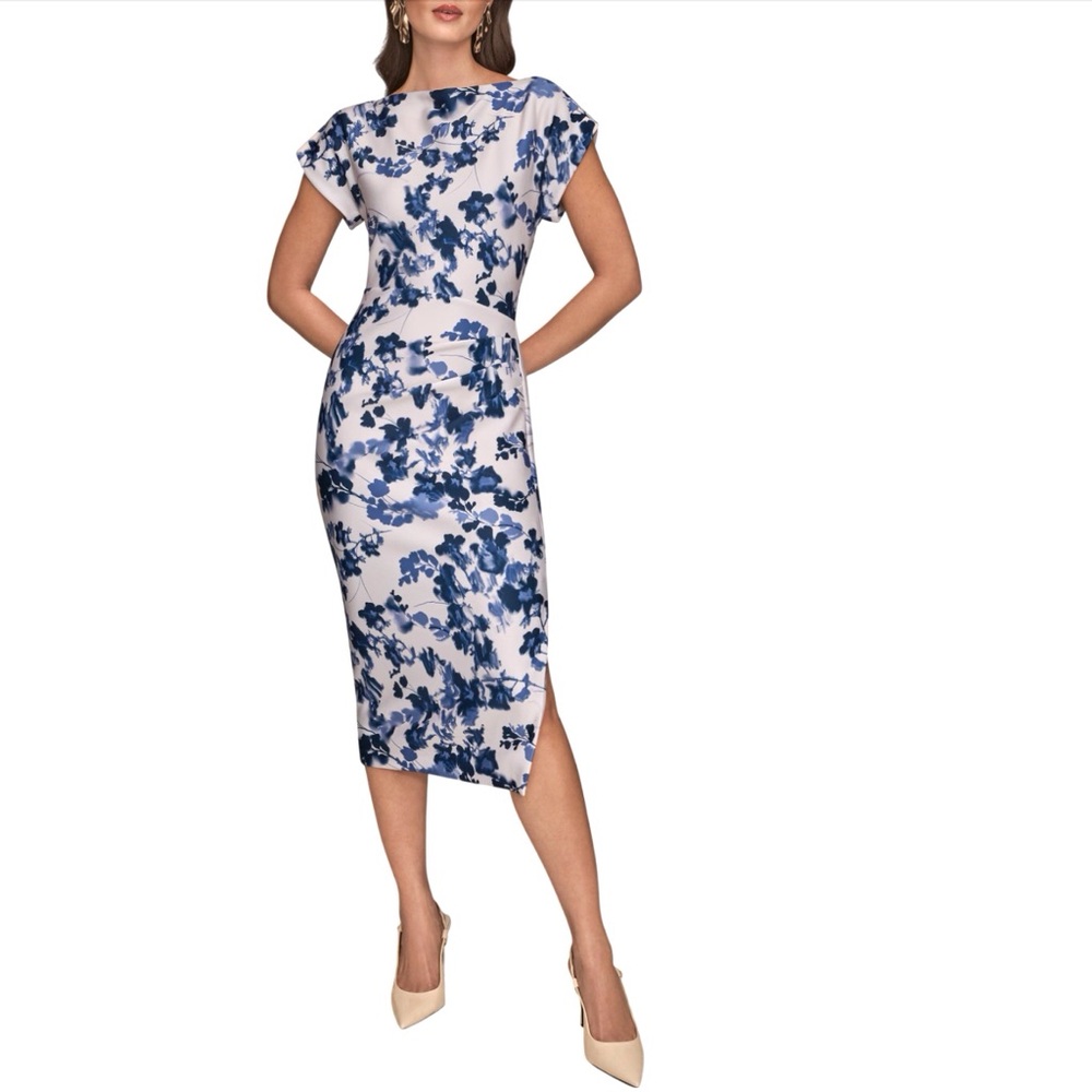 Donna Karan White With Blue Floral Cap Sleeve Midi Dress Scuba Sheath Size 4